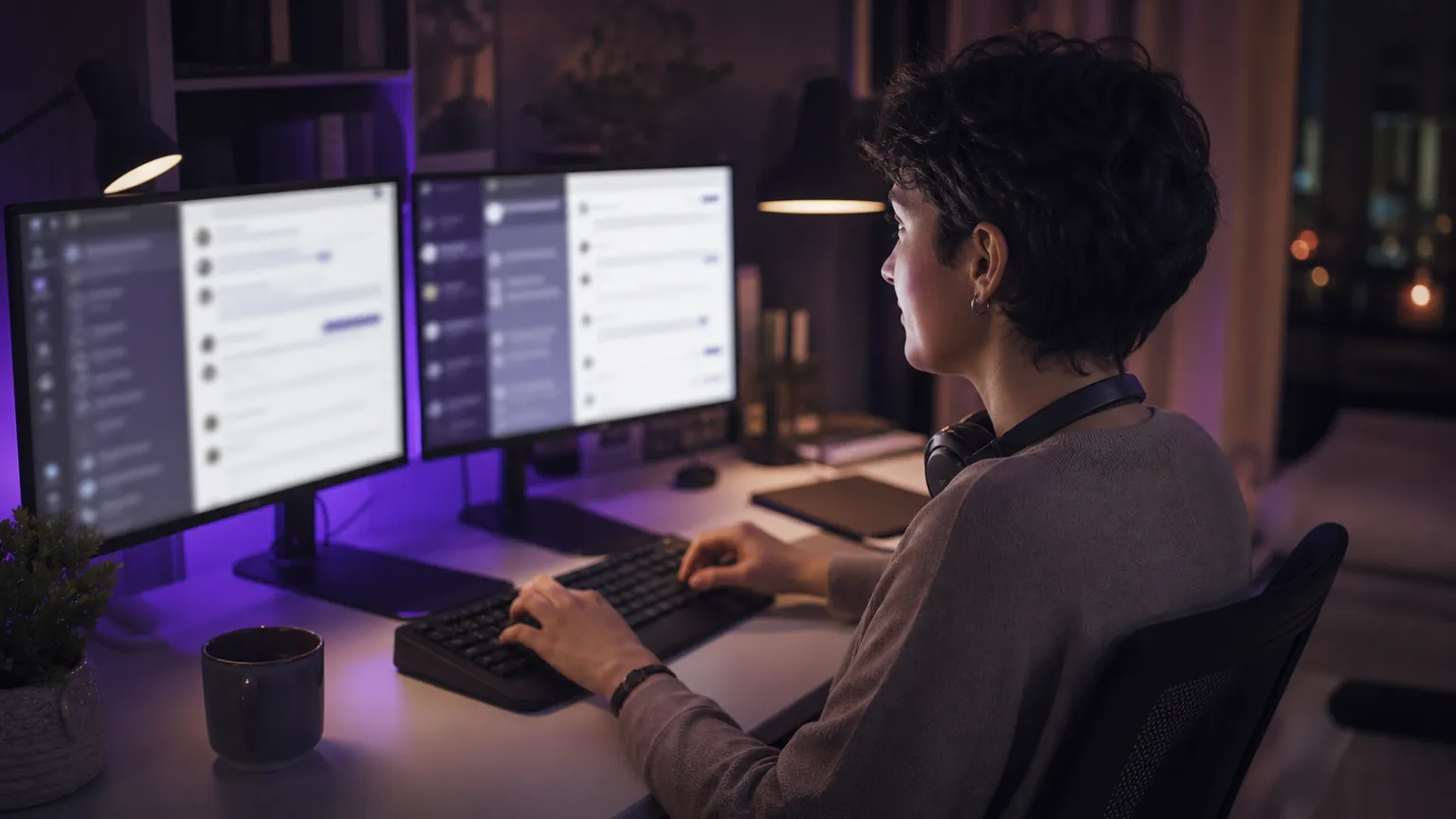 Profissional trabalha remotamente com conversas digitais em dois monitores